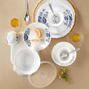 Larah by Borosil 41pc Opalware Dinner Set with Steel Spoon for Family of 6 | Silk Series Leona Microwave & Dishwasher Safe Crockery for Dining & Gifti