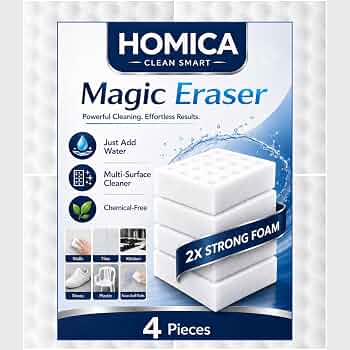 Pack of 4 Homica Magic Eraser Cleaning Sponge | Chemical-Free Multi-Purpose Cleaning Sponge | Just Add Water | Removes Marks, Stains | for Kitchen, Bathroom, Walls, Shoes & Applian