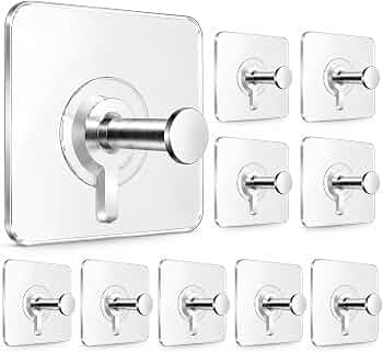 Zista Self Adhesive Wall Hooks Heavy Duty, Pack of 10 | Transparent Sticky Hooks with Stainless Steel Hanger | Waterproof No Drill No Nail Hooks for Bathroom, Kitchen, Home & Offic