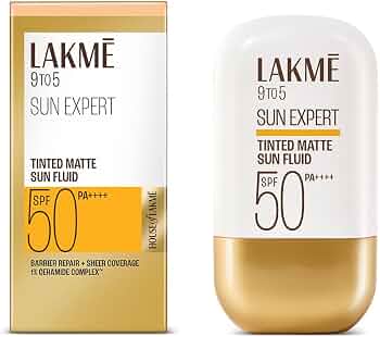 Lakme Sun Expert Tinted Dry Matte Sunscreen Fluid SPF 50+ PA++++ | 1% Ceramide Complex for Skin Barrier Repair | Sheer Coverage Foundation Like Finish – Beige (50ml)