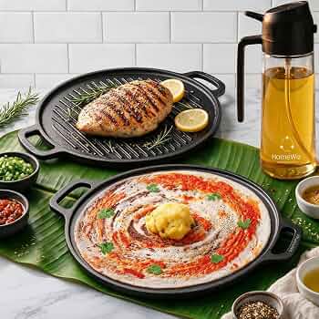 HomeWiz 2-in-1 Cast Iron Non Stick Tawa & Grill Pan 30 cm | Free Oil Dispenser 500ml | Pre-Seasoned Cast Iron Tawa For Roti & Dosa | Cast Iron Grill Pan For Fish & Steak|Works on I
