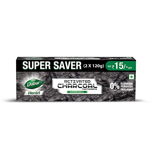 DABUR Herb'L Activated Charcoal Toothpaste 240G (120G x2, Pack of 2)|Whitening Black Gel Toothpaste|Fluoride Free|Fights Plaque & Extrinsic Stain
