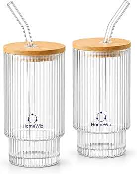 HomeWiz Ribbed Glass Tumbler Set of 2 (450ml) with Bamboo Lid & Glass Straw - Vintage Sipper Glasses | Borosilicate Cups for Cold Coffee, Iced Tea, Juice & Smoothies | Reusable Col