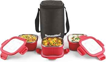Signoraware Box Bite Steel Microsafe Square Lunch Box+Bag (400mlx3,Red)