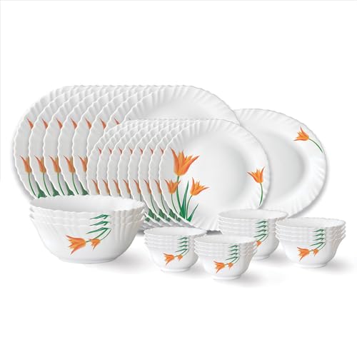 Larah by Borosil Firefly Fluted Series Opalware Dinner Set | 36 Pieces for Family of 8 | Microwave & Dishwasher Safe | Bone-Ash Free | Crockery Set fo