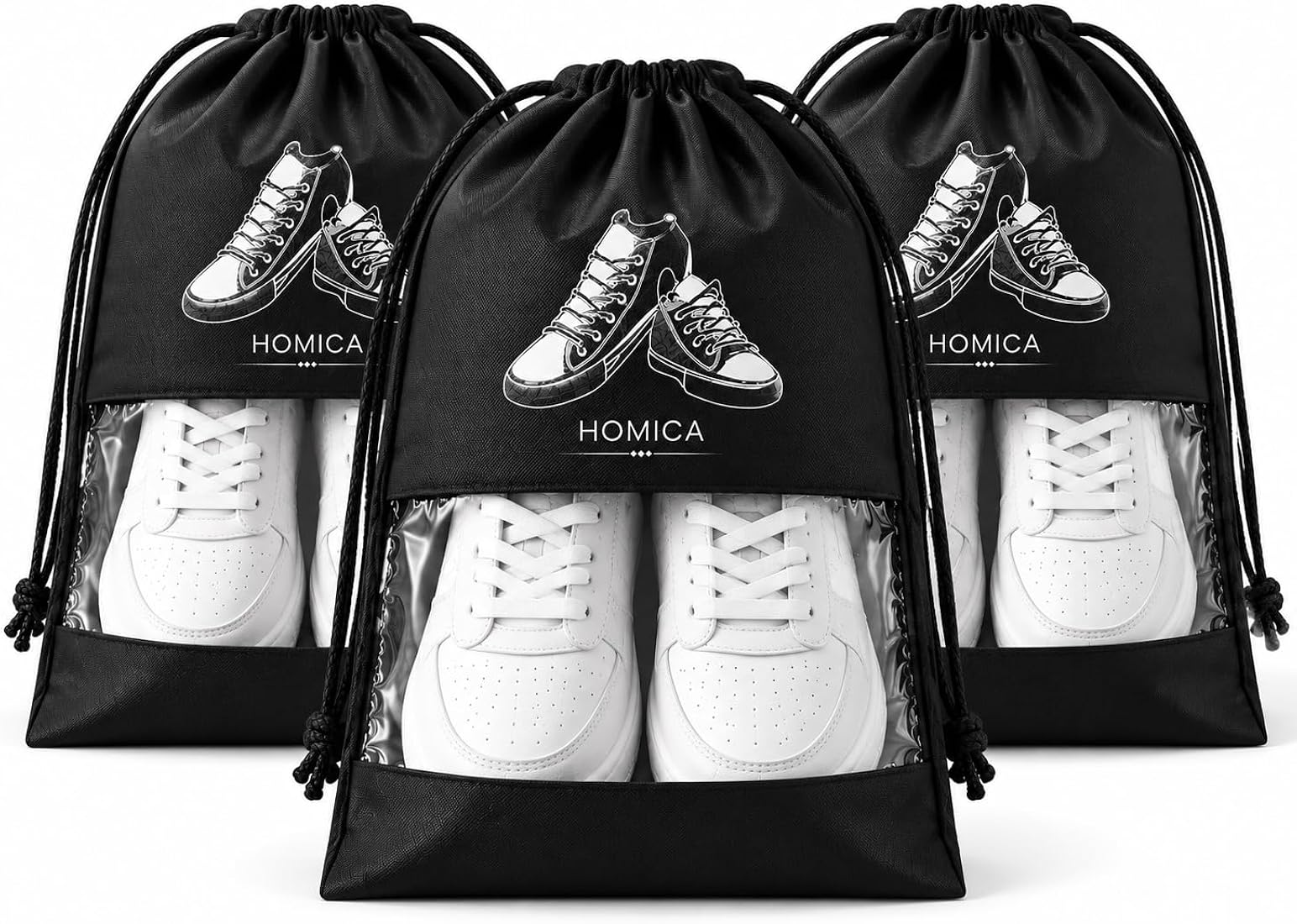 Shoe Bags for Travel, Pack of 3 Non-Woven Shoe Pouches with Transparent Window, Reusable Shoe Storage Organizer for Luggage, Gym, Wardrobe & Home, Travel Shoe Cover Bags, Black