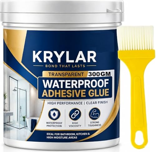 KRYLAR Transparent Waterproof Glue 300GM with Brush Strong Waterproof Sealant Glue for Roof Leakage,Bathroom,Kitchen,Tiles,Wall Cracks, PVC, Metal, Wood & Concrete Clear Coating Ad