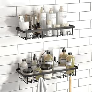 Moforoco Bathroom Organiser Without Drill | Bathroom Accessories with Hooks | Self Adhesive Bathroom Shelf for