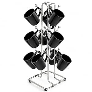 Bromine Chrome Metal Mug Tree Stand with 12 Hooks, 37 cm | 3-Tier Organisation, Ball-Tipped Hooks, 15x15 cm Ba