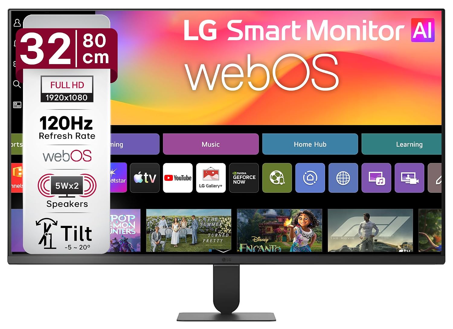 LG 32U501SB 80 cm (32 Inch) Full HD (1920x1080) Smart Monitor with webOS26, 120Hz, Wi-Fi, Bluetooth, Miracast, AirPlay, Speakers 5WX2, HDMI, USB-A, Slim Stand, 3-Side Virtually Bor