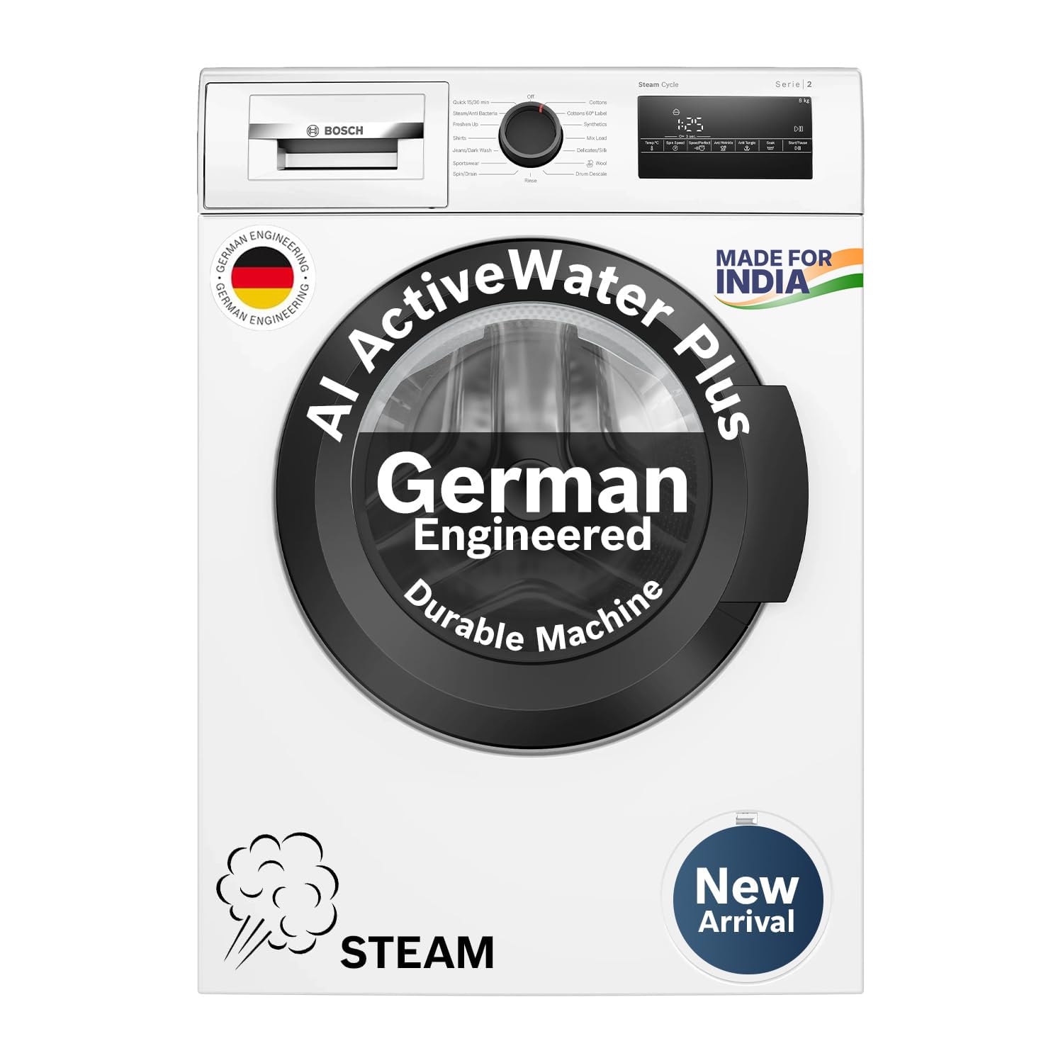Bosch 9 kg 5 Star Front Load Fully-Automatic Washing Machine, AI ActiveWater, 14 Wash Programs, Removes 99.9% Germs with Steam, No Tangle or Wrinkle, SoftCare Paddle,Zero Vibration