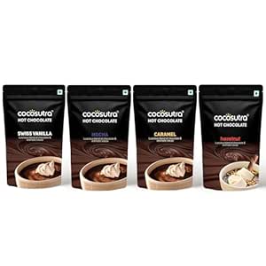 COCOSUTRA Hot Chocolate Mix Combo | Swiss Vanilla, Mocha, Caramel & Hazelnut Flavoured | Enjoy hot or cold | Pack of 4 (Each 100 g) 400 g | Vegan Drinking Chocolate