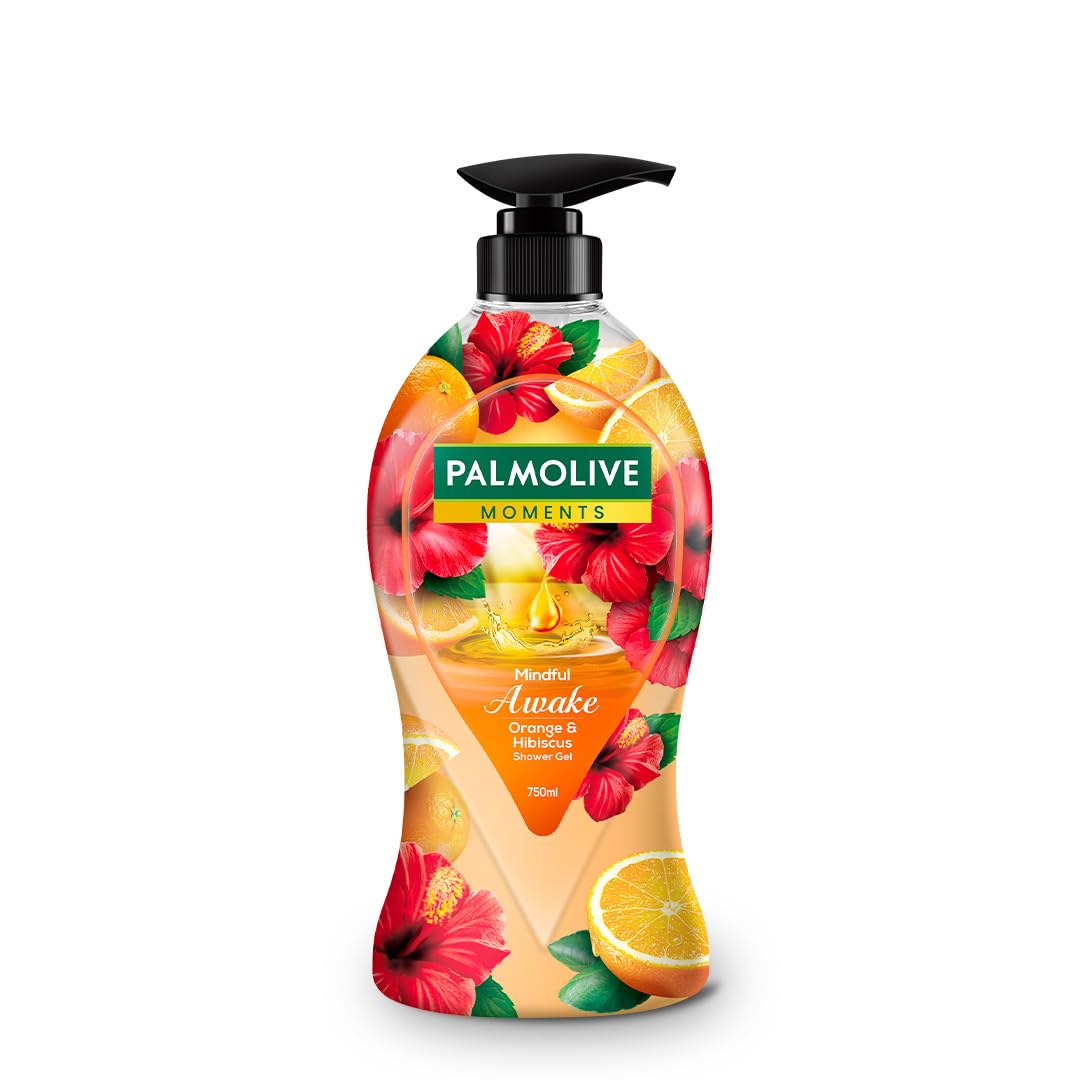 Palmolive Mindful Awake Body Wash, 750ml Shower Gel Single Pump Bottle, 100% Natural Orange & Hibiscus Extracts, pH Balanced Bodywash, Free of Parabens & Silicones