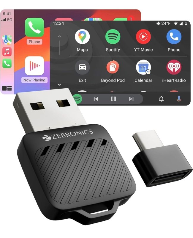 Zebronics 2-in-1 Wireless CarPlay Adapter, Converts Wired Android Auto & CarPlay to Wireless, USB-A & Type-C Converter, BT v5.2, Dual Band Wi-Fi, Fast Boot, Plug & Play (Drivecast