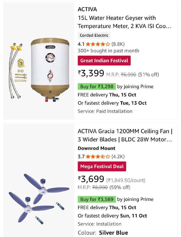 GRAB : — 15 ltr storage geyser (5 star ) @3399 · Bldc fan with light & remote 5 star (pack of 2) @3699
