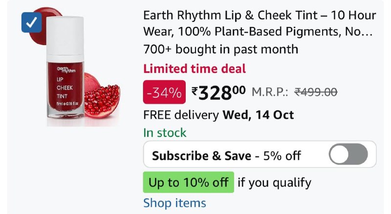 Grab : Earth Rhythm Lip & Cheek Tint – 10 Hour Wear @ 328