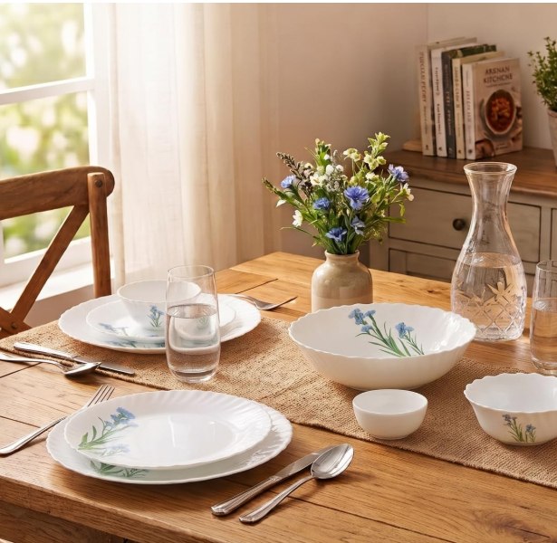 Novo By La Opala Opalware Dinner Set 10 Pieces for Family of 2,Blue Florets Microwave & Dishwasher Safe Crockery Set for Home, Bone-Ash Free Bowls & Plates Set, Break-Resistant & L