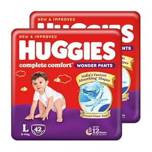 Huggies Complete Comfort Wonder Pants | Pant Style Baby Diapers Large Size (L), 84 Count | India's Fastest Absorbing Diaper, Prevents Diaper Rash, Ideal for 9 to 14 Kgs (42 Count,