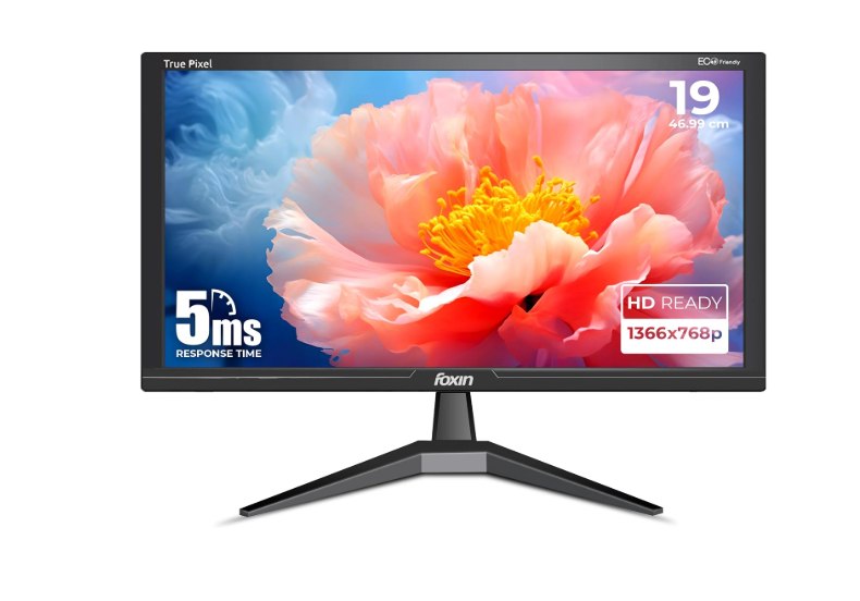Foxin Crystal 19 Inch (46.99 cm) Crystal Flat LED Monitor | True Pixel HD Display, 1366x768p, 16.7M Colors, 5ms, 60Hz | HDMI & VGA Ports | Wall Mountable | Desktop/Office/CCTV Use