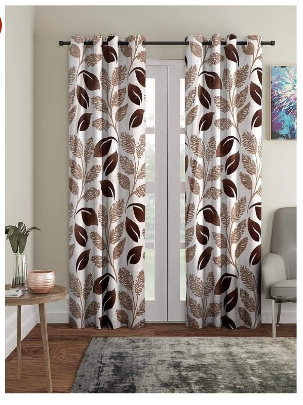 Cortina 2 Piece Floral Design Panel Eyelet Polyester Curtains (Brown, 7FEET)