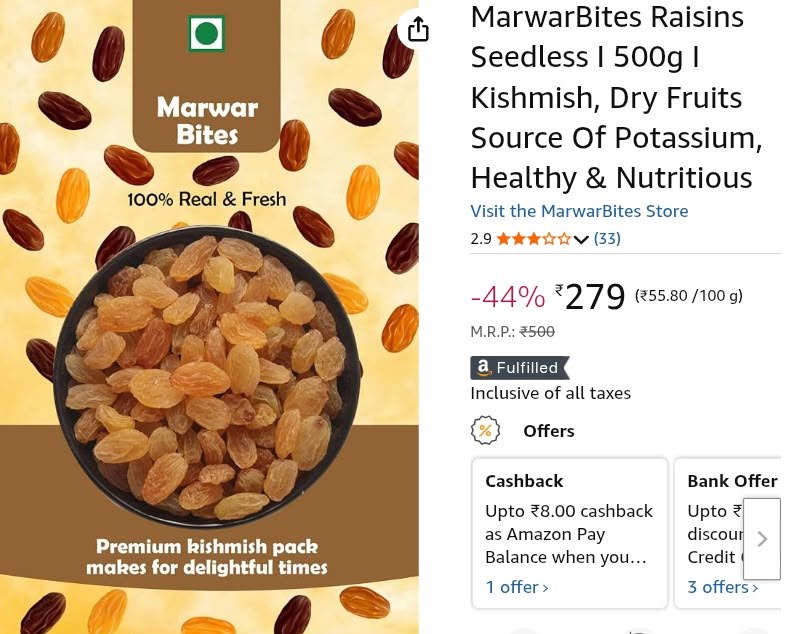 Loot : Premium Seedless Raisins 500g (Kishmish) at 279.
