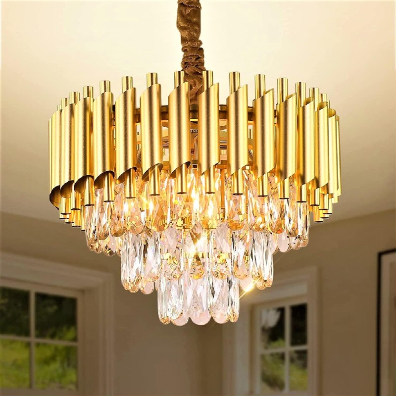 Desidiya Modern Crystal Pendant Light Golden Round Ceiling Light Fixture for Living Room and (Antique, 400mm) and 3 Colors Led Plate Included Warm White, Natural Light, Golden Ligh