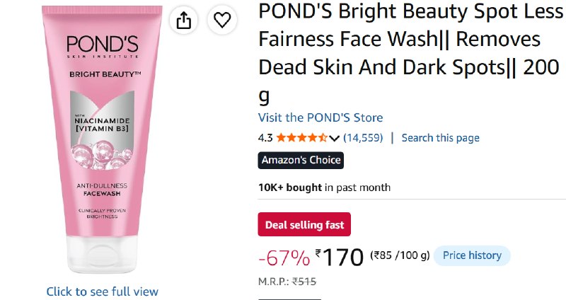 Amazon | POND's Bright Beauty Facewash, 200g @170.