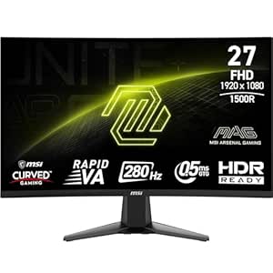 MSI MAG 276CXF 27 Inch FHD Curved Gaming Monitor - 1500R 1920 x 1080 Rapid VA Panel, 280 Hz / 0.5ms (GtG, Min.), Adaptive Sync - DP 1.4a, HDMI 2.0b CEC