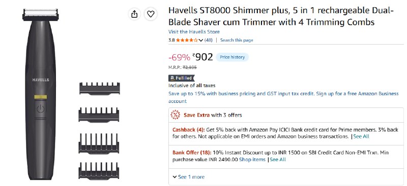 Amazon | 69% Off - Havells 5 in 1 Rechargeable Dual-Blade Shaver cum Trimmer at Rs.902