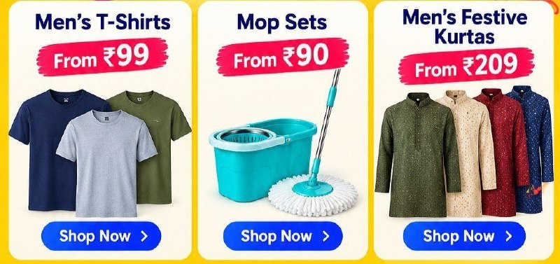 Shopsy Loot : BBD Deals Are LIVE — • Men’s T-Shirts From ₹99 · • Mop Sets From ₹90