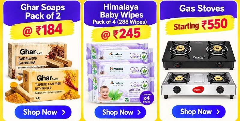Shopsy Loot: Crazy Deals Are LIVE · • Ghar Soaps Pack of 2 @ ₹184 — • Ghar Soaps Pack of 2 @ ₹184 · • Himalaya Baby Wipes (Pack of 4 & 288 Wipes) @ ₹245