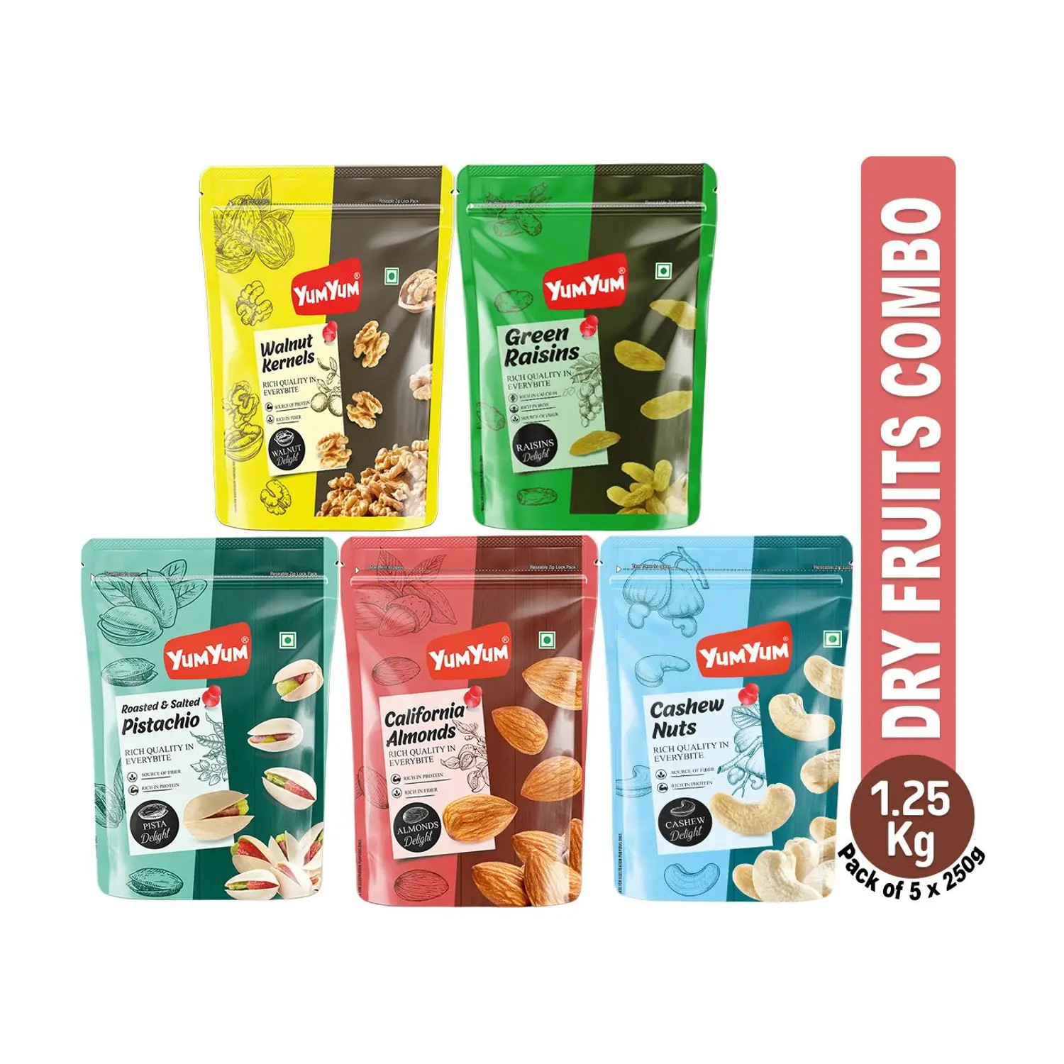 Lowest : YUM YUM Dry Fruits Combo (250g x 5) at 1,185.
