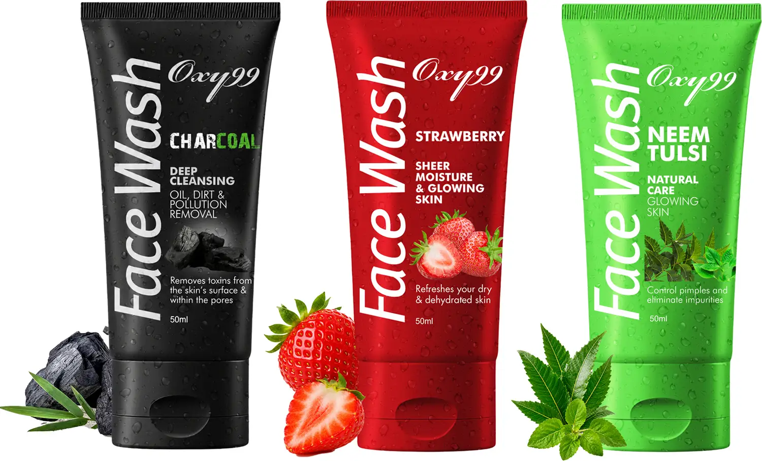 Lowest : OXY99 Charcoal, Strawberry & Neem Tulsi Facewash Combo (150ml x 3) at 195.