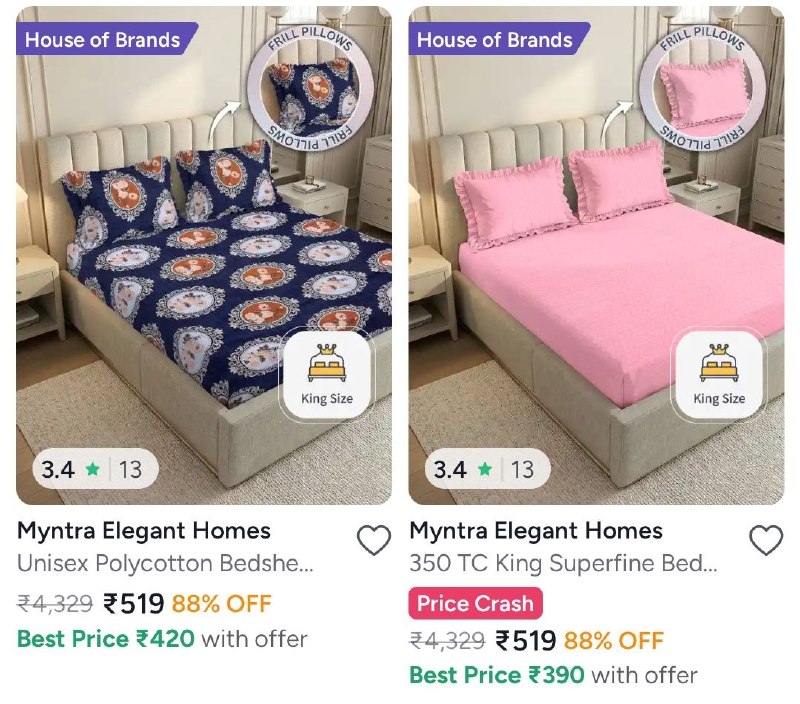 Myntra | Frilled Bedsheet starting min 70% Off · Double Size Bedsheet under 400/ — Myntra | Frilled Bedsheet starting min 70% Off · Double Size Bedsheet under 400/