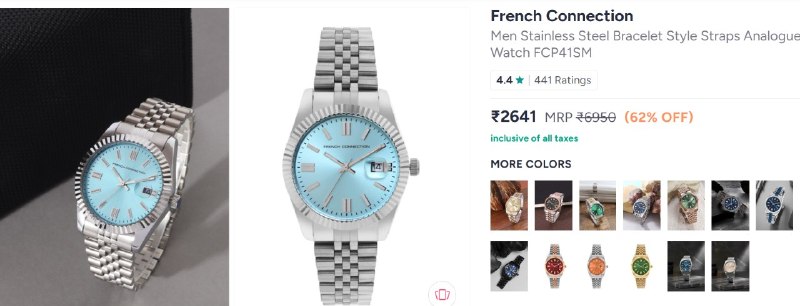 62% off: French Connection Men Stainless Steel Bracelet Style Straps Analogue Watch FCP41SM @2641 · 64% off: Calvin Klein Men Modern Mesh Analogue Watch 25200050 @3628 — 62% off: F