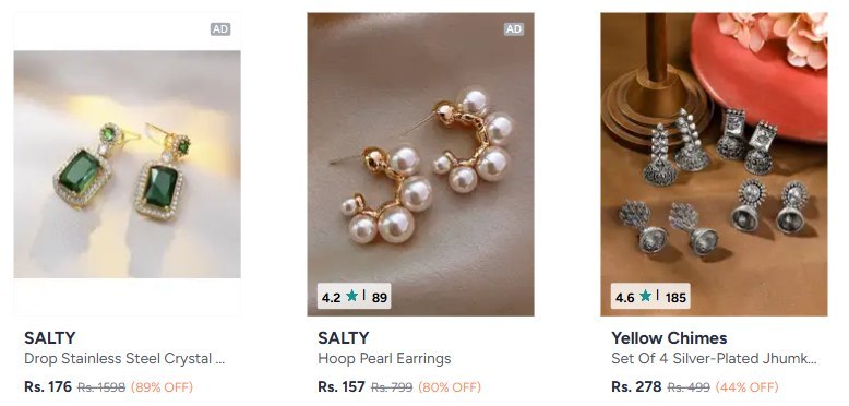Myntra | Earrings on Sale!! · SOHI, MINUTIAE Under 399 — SOHI, MINUTIAE Under 399 · Yellow Chimes, SALTY Under 299
