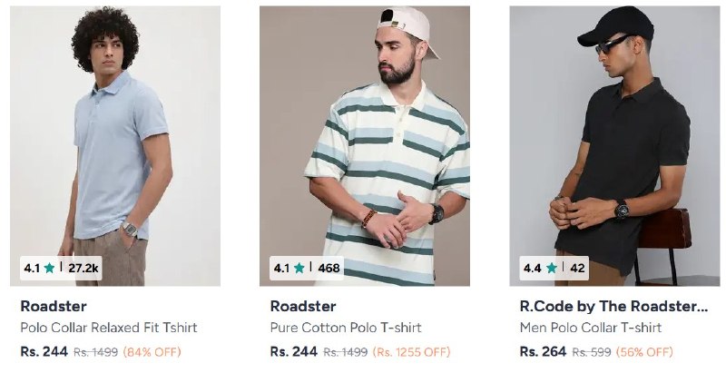 Myntra | Roadster Men Polo T-shirts Starts @₹244