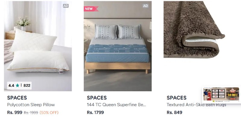 MYNTRA PREMIUM HOME DEALS!! · Up to 50% off on SPACES Home Furnishing — Up to 50% off on SPACES Home Furnishing · Min 50% off on Welspun Bedsheets