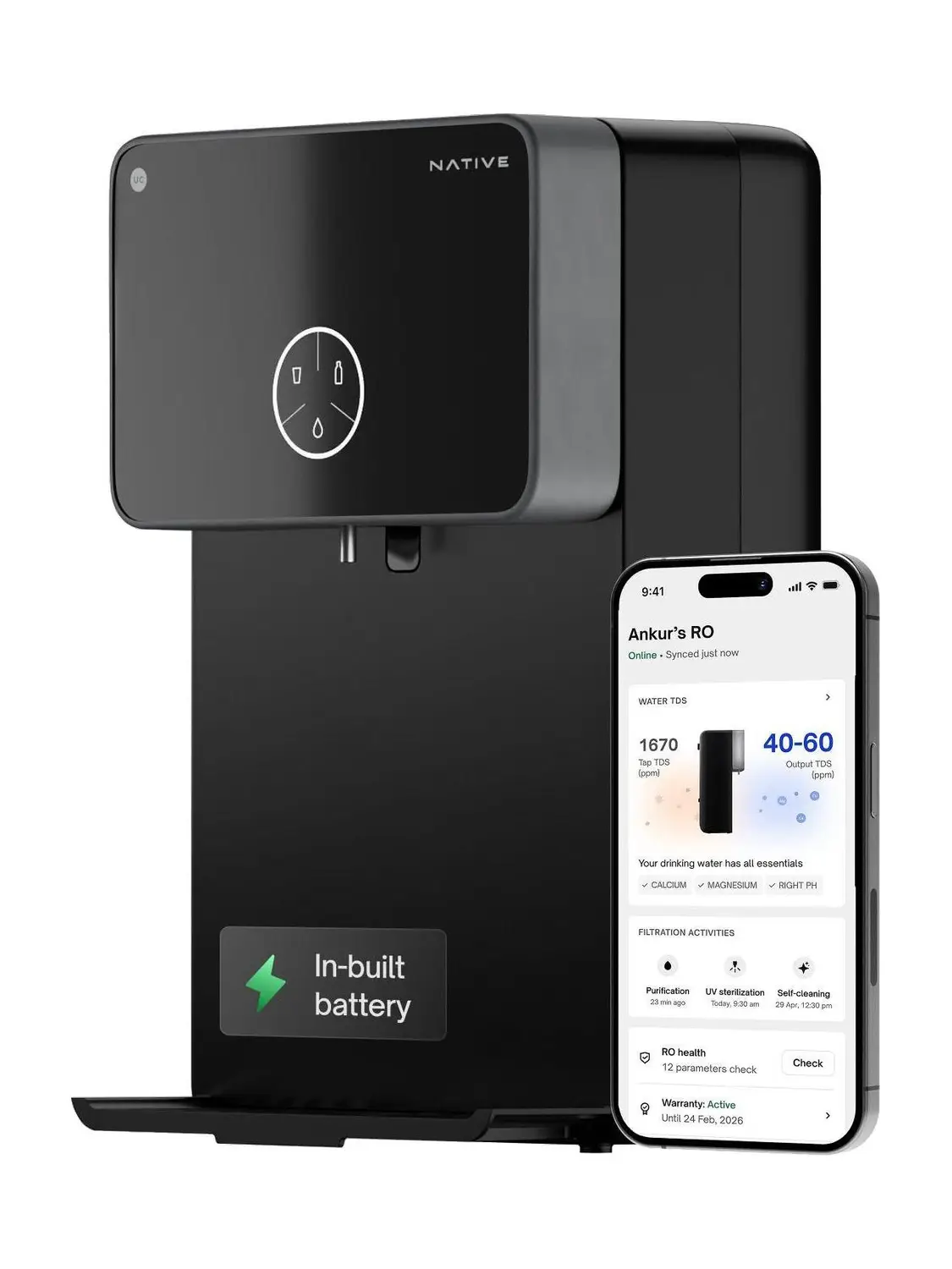 NATIVE By Urban Company M2 Pro 7 L. RO + UV + Alkaline + Minerals Water Purifier 10-Stage Smart Water Purifier | In-built power backup | No Service for 2 Years | Advanced Smart iOT