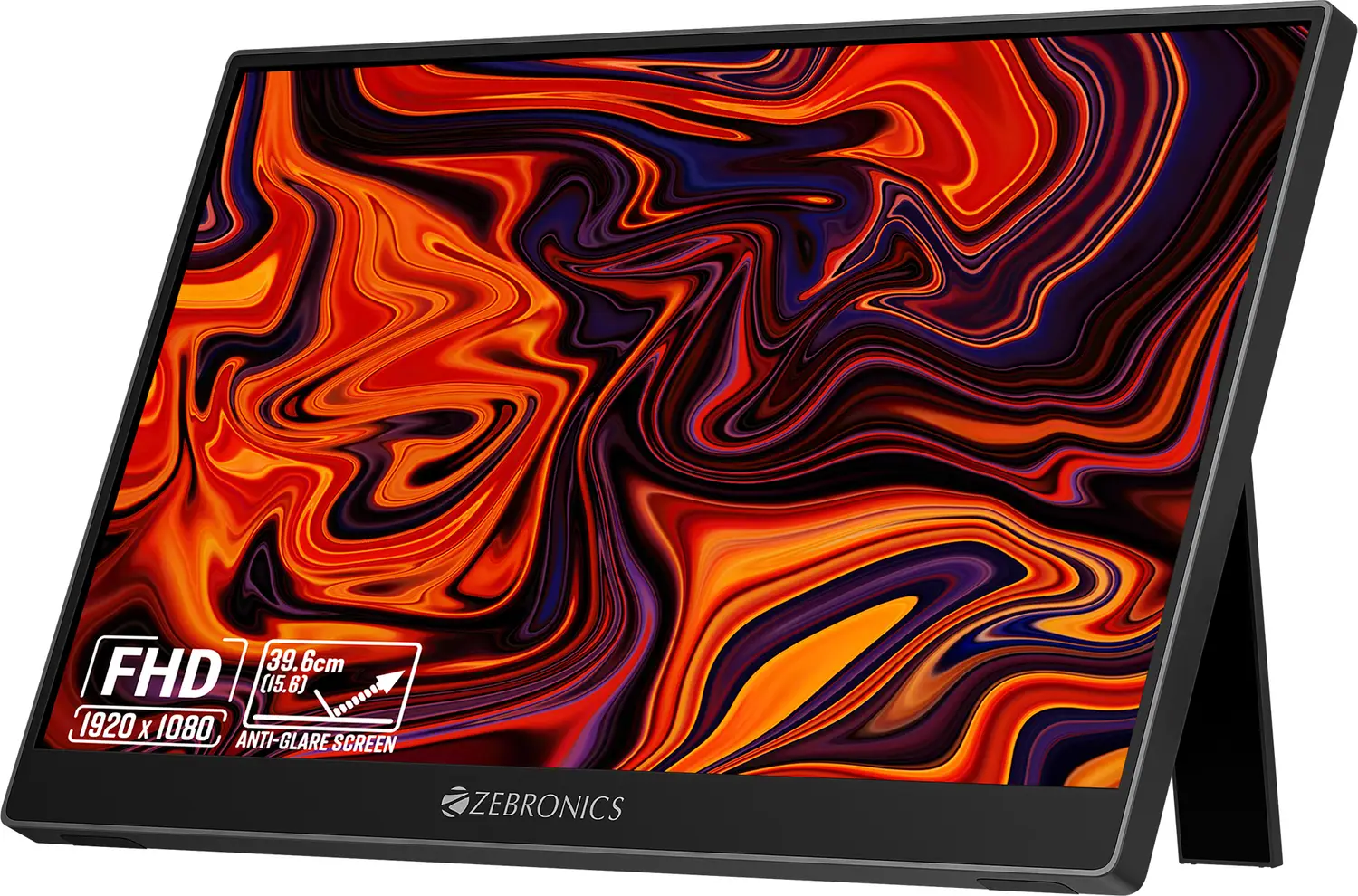 ZEBRONICS Pixigo 39.62 cm (16 inch) Full HD LED Backlit IPS Panel with Portable, 60 Adjustable Stand, 250Nits, Type-C PD Input, Type-C Input, Mini HDMI, Built-in Speakers,Wall-Moun