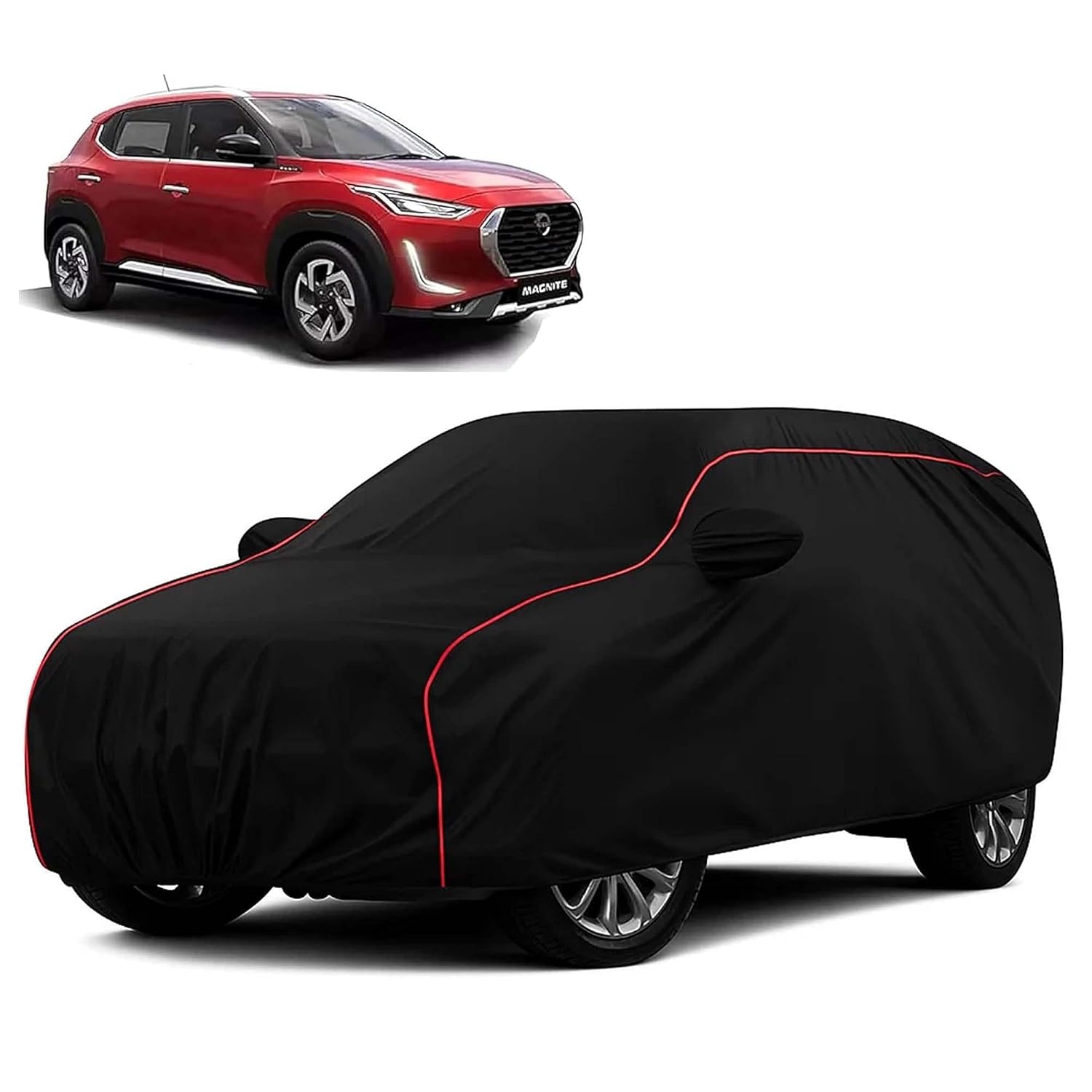 Sulfar 100% Water Resistant Car Body Cover Compatible with Mirror for Nissan Magnite (Triple Stitched, Full Bottom Elastic, Black with Red Piping) : A