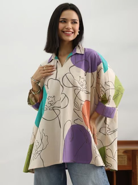 TATACLIQ LIBAS OFF-WHITE ABSTRACT KIMONO SLEEVES A-LINE KURTI 🔥