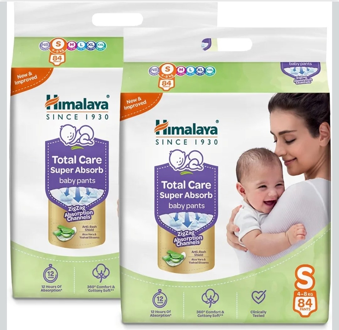 Himalaya Total Care Super Absorb Baby Pants Diaper | Size S (Small) 168 Count | Pack of 2 | 4-8 kg | Breathable & Rapid Zig Zag Absorption | Keeps Ski