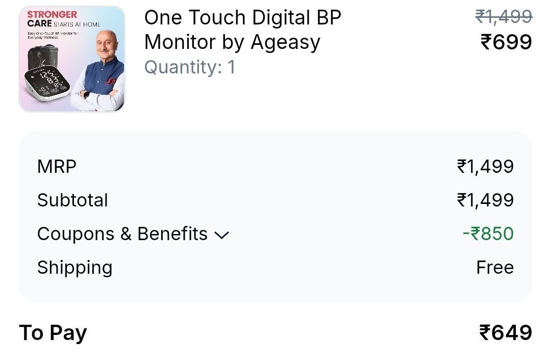 Loot: One Touch Digital BP Monitor by Ageasy @649 (Effectively)