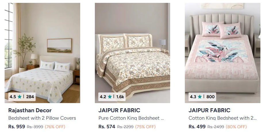 Myntra | Premium Jaipuri Bedsheets by JAIPUR FABRIC and RAJASTHAN DECOR - Min 60% Off