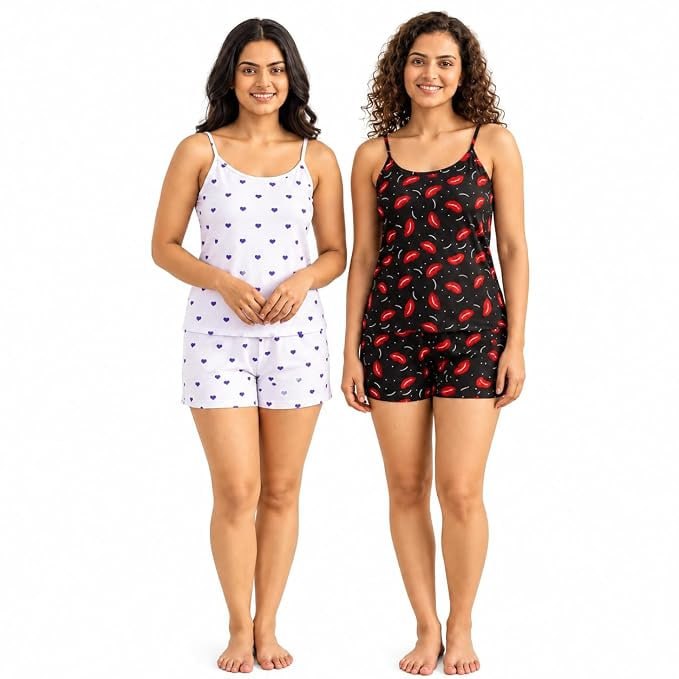 Amazon Loot | (Pack of 2) Women’s Printed Nightwear Set with Sleeveless Camisole Top and Matching Shorts @499