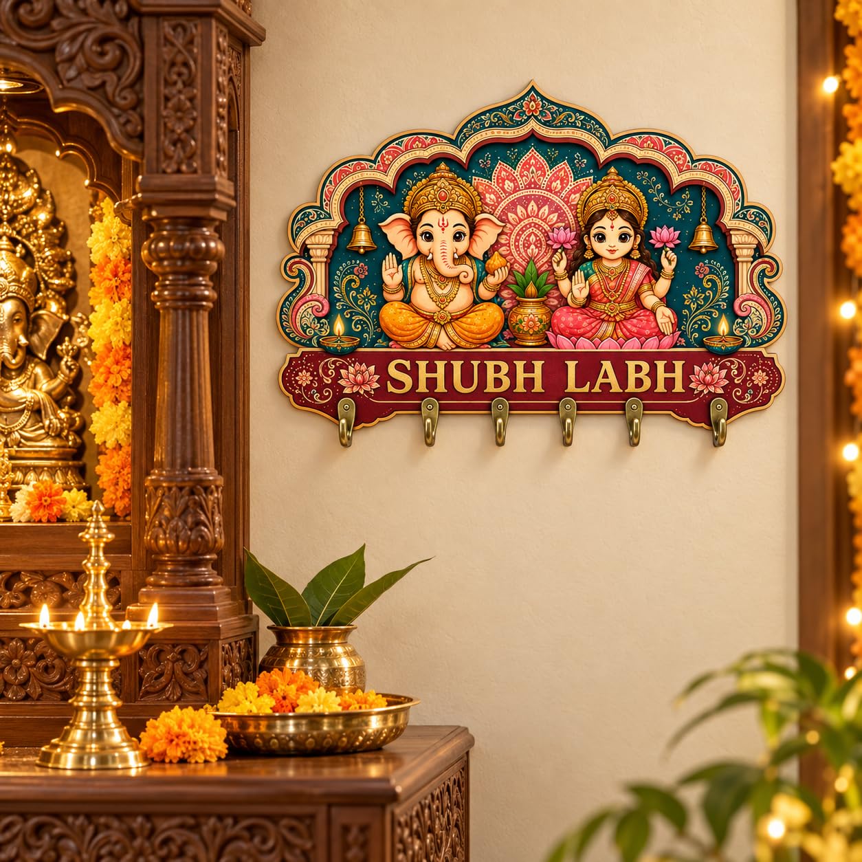 wallxpert Shubh Labh Ganesh Lakshmi Wooden Wall Key Holder with 6 Hooks | Colourful Wooden Plaque, Kids Room D