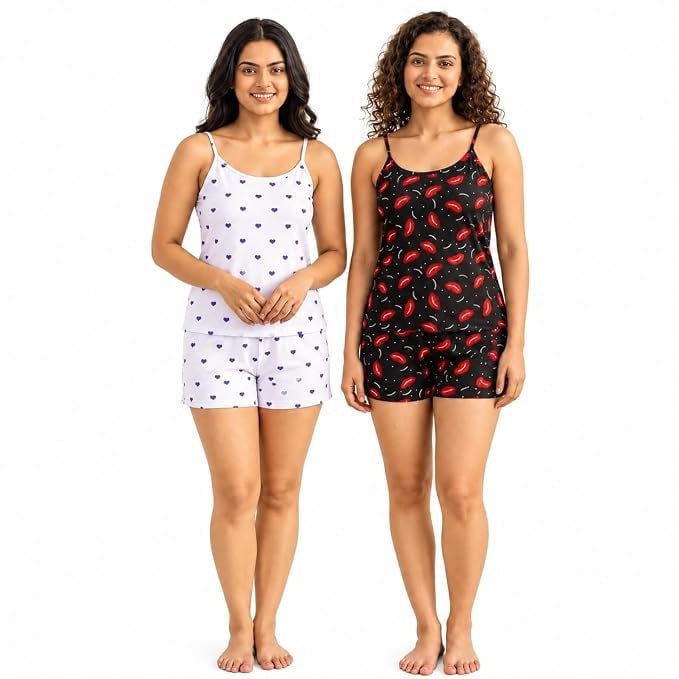 Buy ( PACK OF 2 )Women’s Printed Nightwear Set with Sleeveless Camisole Top and Matching Shorts, Scoop Neck Sl