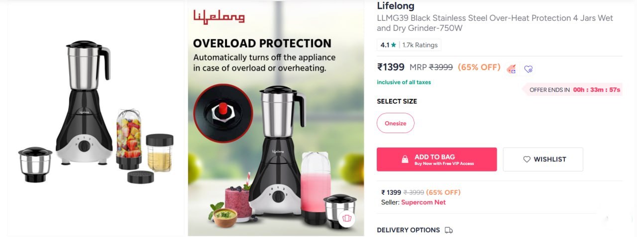 Myntra Loot : Lifelong Stainless Steel 4 Jars Mixer Grinder-750W @1399
