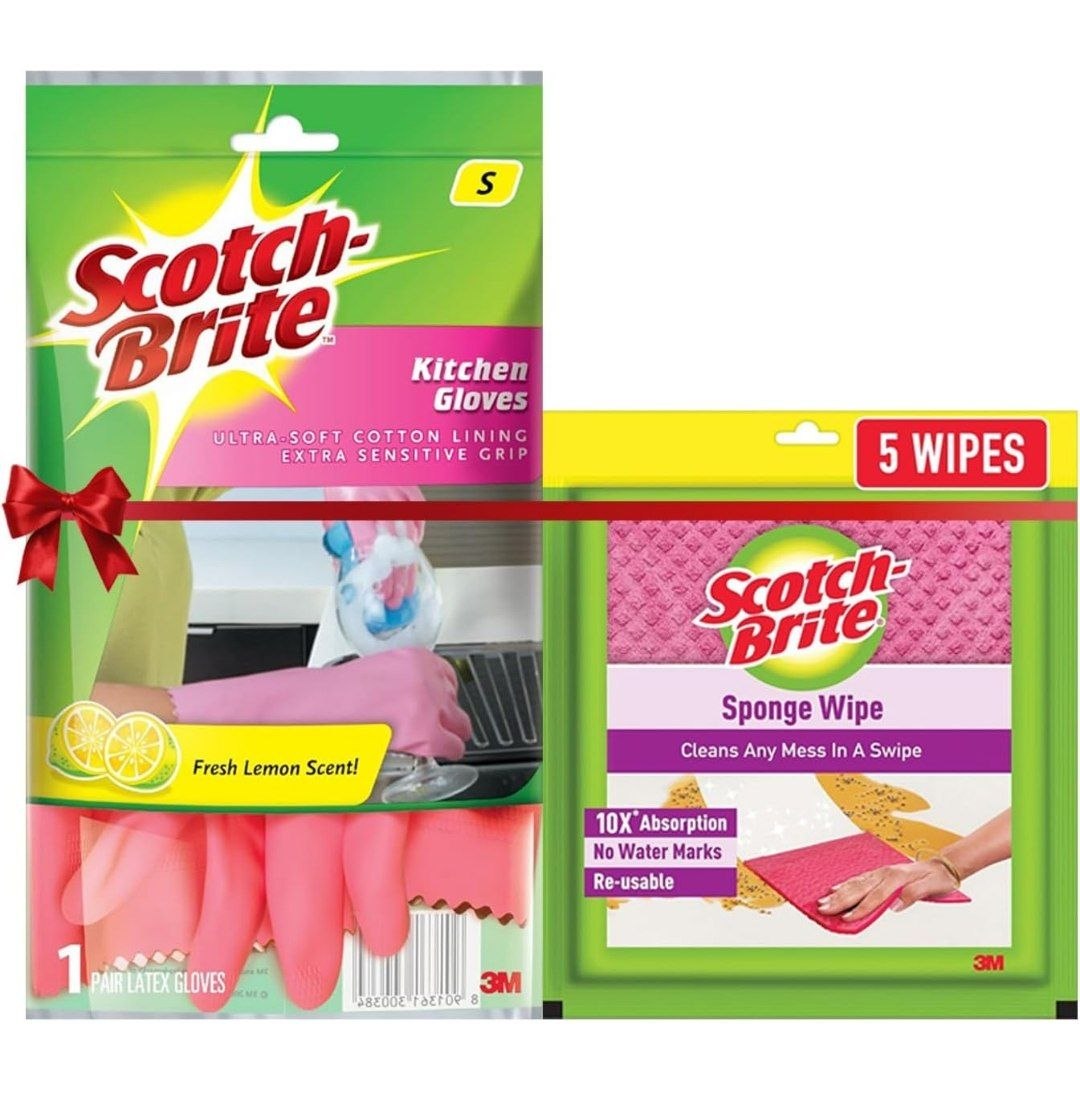 Scotch-Brite Combo Rubber Kitchen Gloves (Small) + Scotch-Brite Sponge Wipe Resusable Kitchen Cleaning Foam Ce